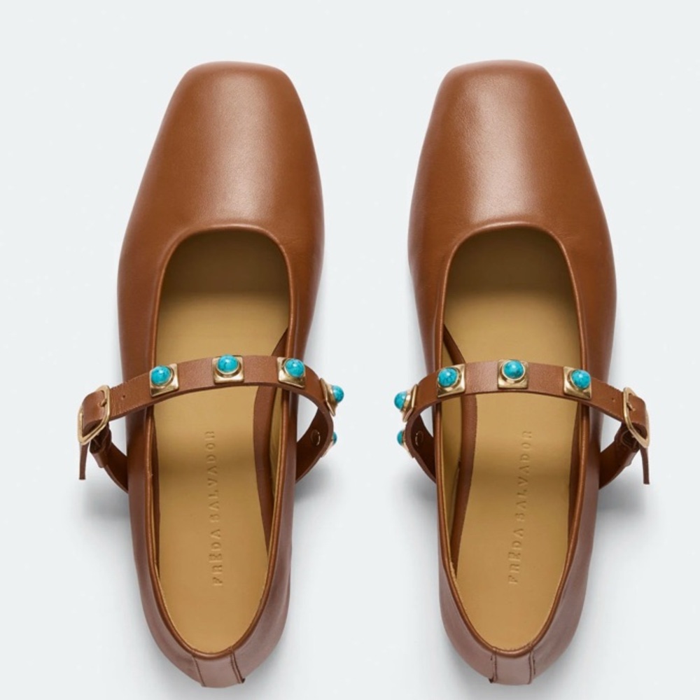 Freda Salvador Jane Mary Jane in Tan Leather with turquoise and gold studs